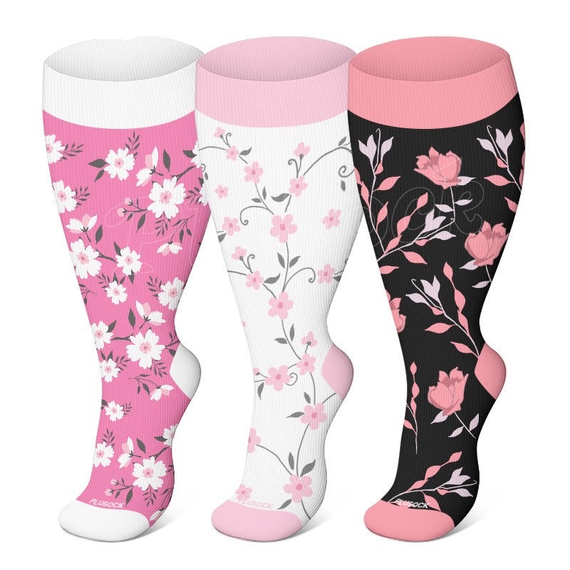 Plus Size Pink Flowers Compression Socks(3 Pairs)