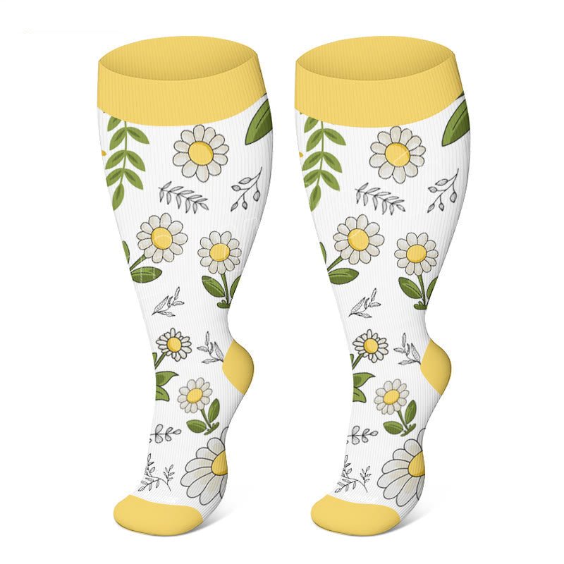 Plus Size Yellow Purple Flower Compression Socks(3 Pairs)