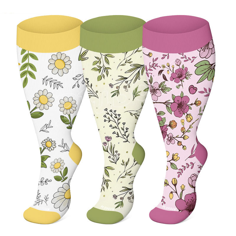 Plus Size Yellow Purple Flower Compression Socks(3 Pairs)