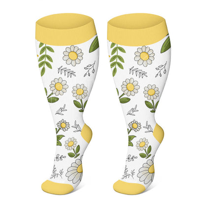 Plus Size Yellow Purple Flower Compression Socks(3 Pairs)