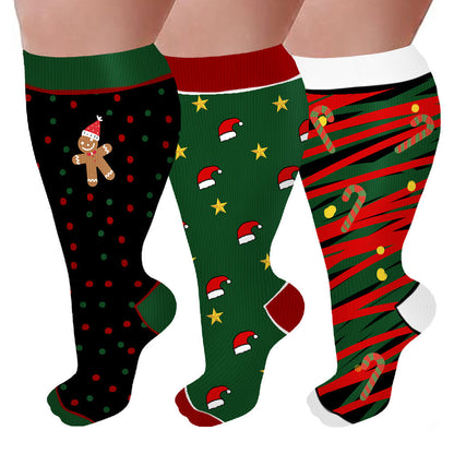 Plus Size Polka Dot Gingerbread Man Compression Socks(3 Pairs)