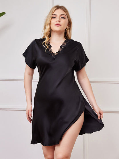 Pure Silk Lace Neck Split Hem Plus Size Nightgown